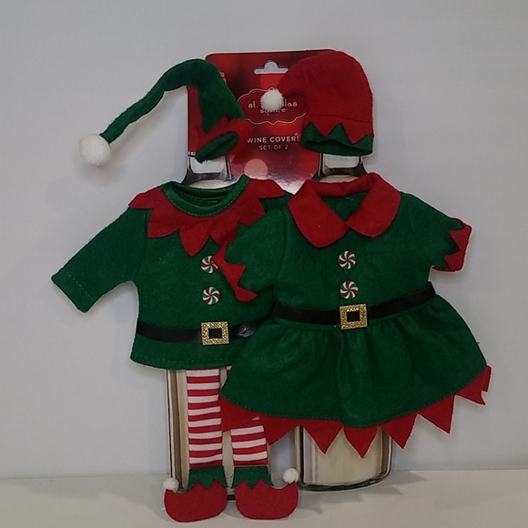 Wine Bottle Cover Christmas Elves Boy Girl Set of 2 Gift Bag Cloth Holiday - Picture 2 of 5